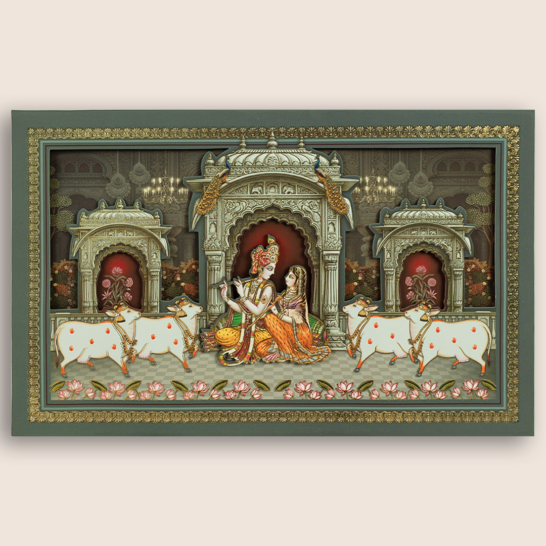 Grey Lord Radha Krishna Laser Cut Padded Marriage Card - KRE28870