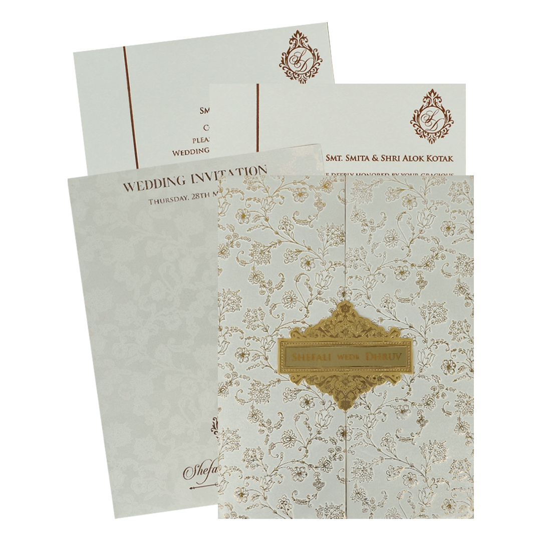 White Gold Foil Floral Padded Wedding card-KRE28240