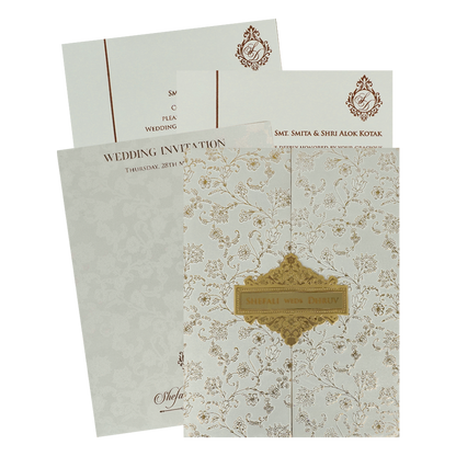 White Gold Foil Floral Padded Wedding card-KRE28240