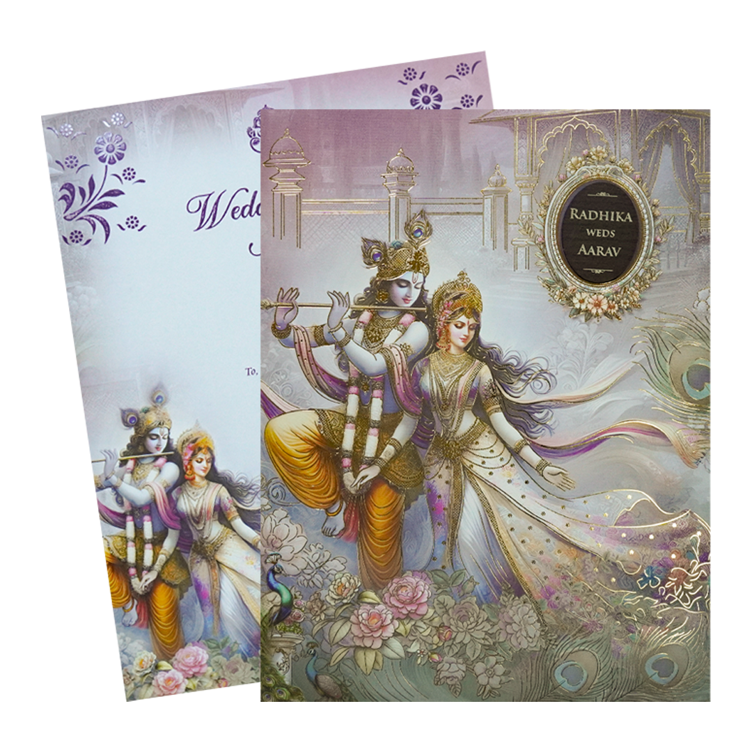 Lavender Krishna Radha Padded Wedding Card-KSH72370