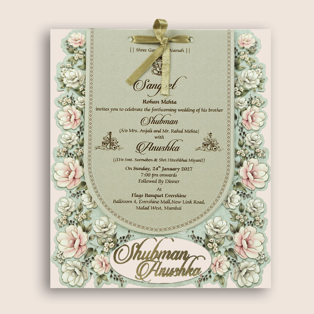 Teal Green Floral MDF Laser Cut Wedding Invitation Card - KRB10050