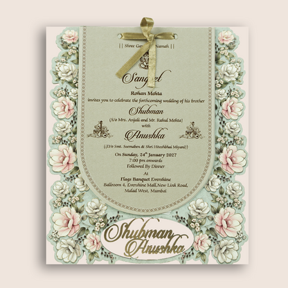 Teal Green Floral MDF Laser Cut Wedding Invitation Card - KRB10050