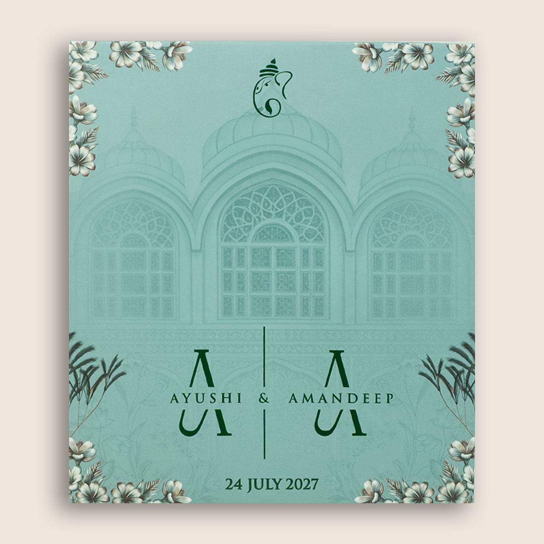 Blue Floral Door Style Wedding Card - KVN08000
