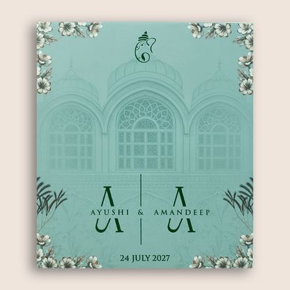 Blue Floral Door Style Wedding Card - KVN08000