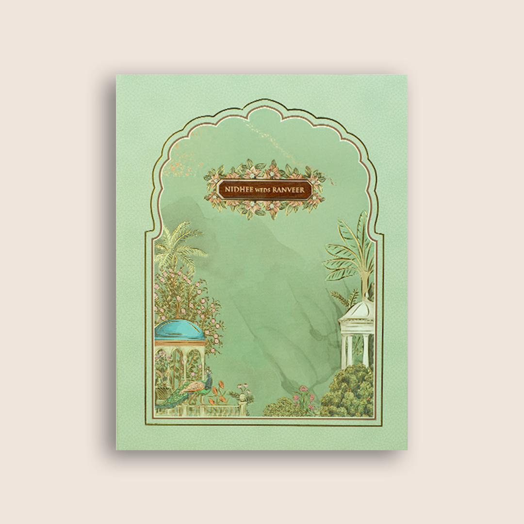 Green Floral Peacock Padded Wedding Card - KVN07710
