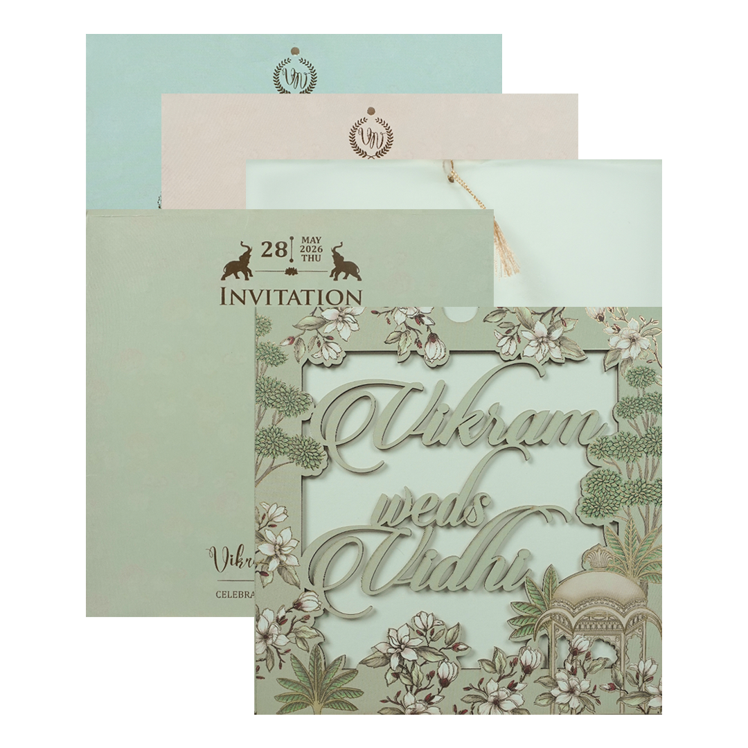Green Pastel Floral Laser Cut Wedding Card-KRE26750