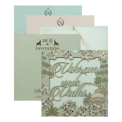 Green Pastel Floral Laser Cut Wedding Card-KRE26750