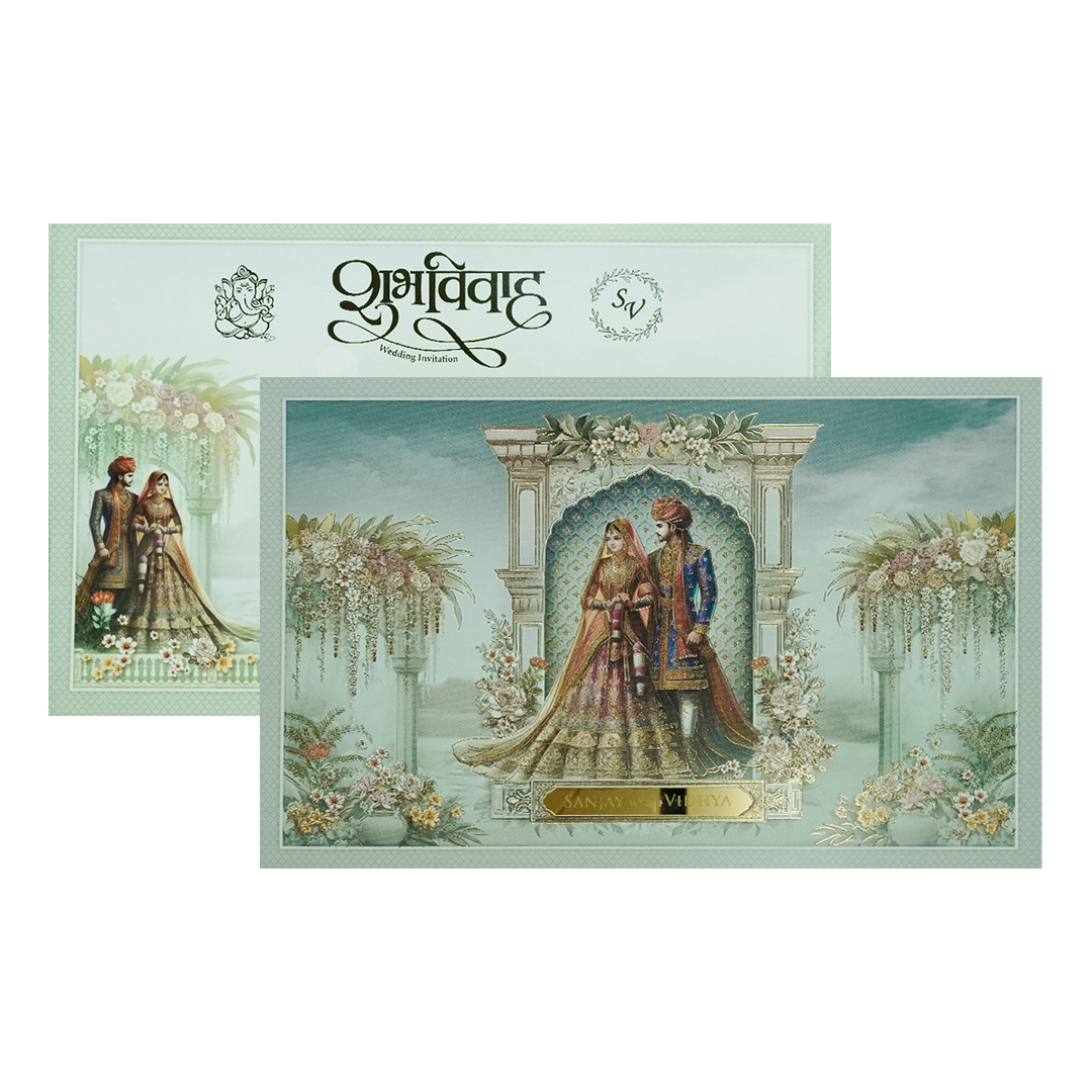 Green Royal Couple Floral Wedding Card-KSH73120