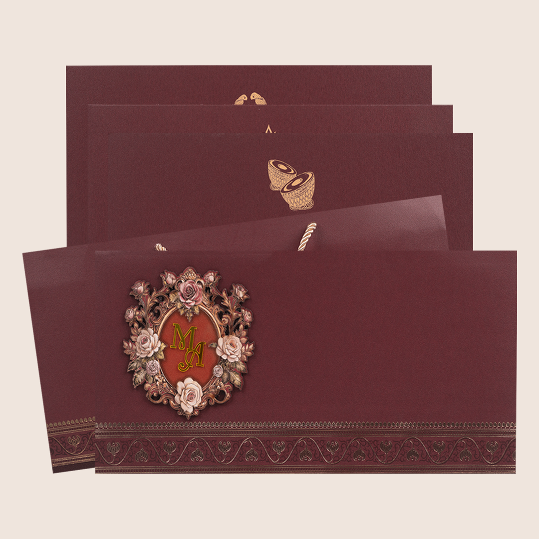 Maroon Floral Padded Bag Style Wedding Card - KPR024890