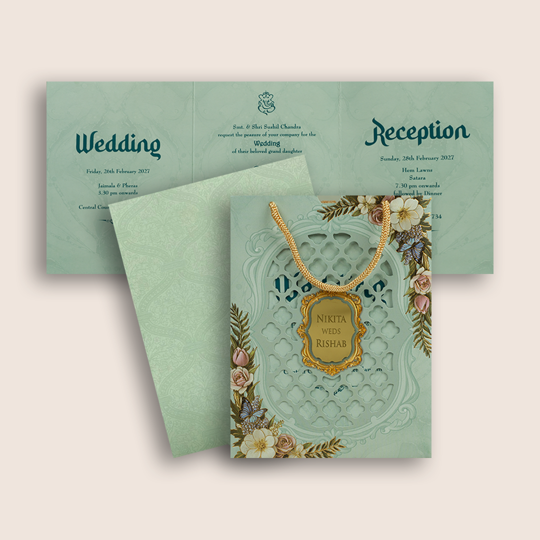 Pastel Green Floral  Laser Cut Bag Style Marriage Card - KPR07200