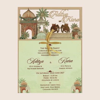 Peach Jharokha MDF Laser Cut Marriage Invitation - KFR16060