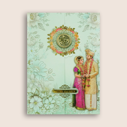 Blue South Indian Bride Groom Wedding Card - KNAR2404