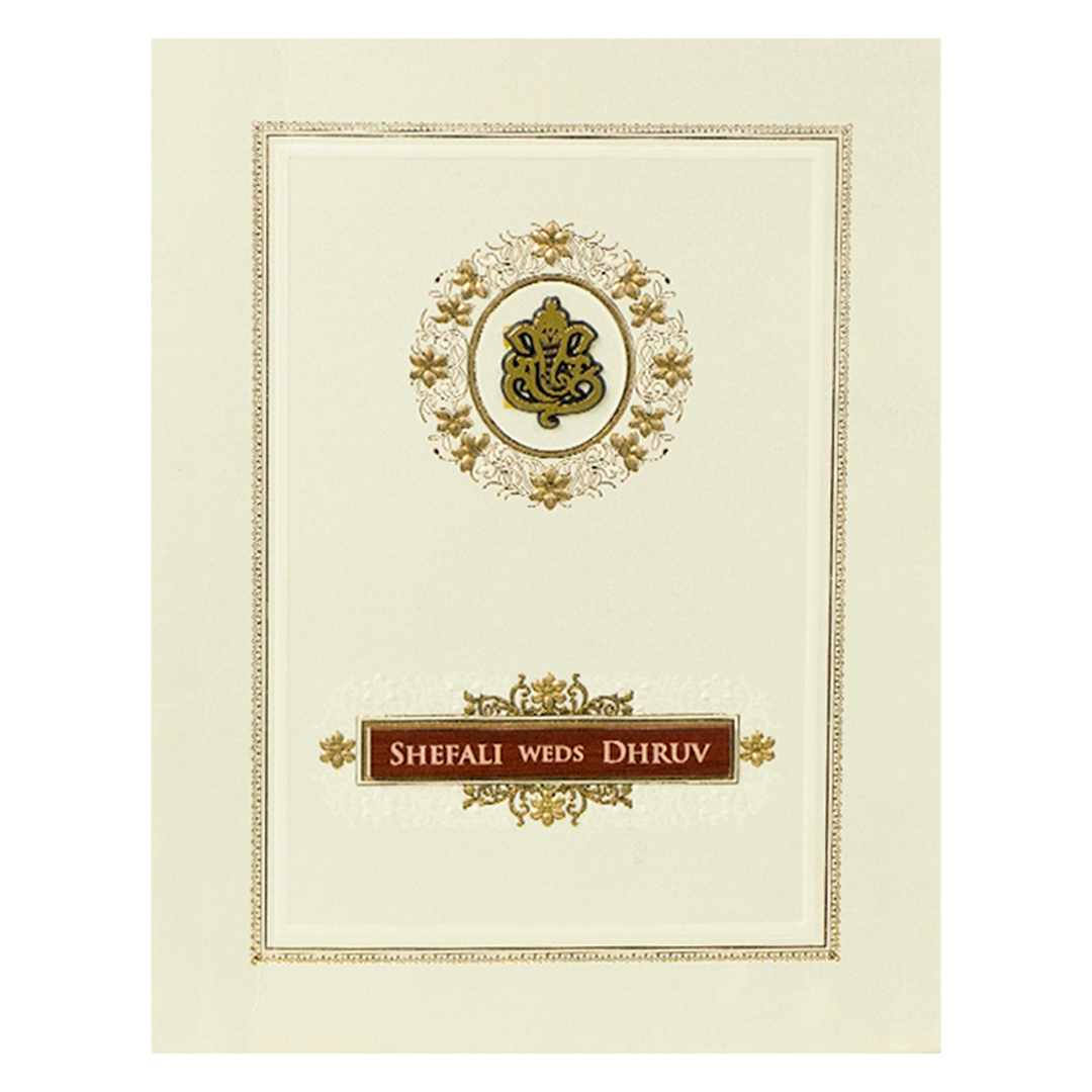 White Embossed Ganesha Wedding card-KRE28470