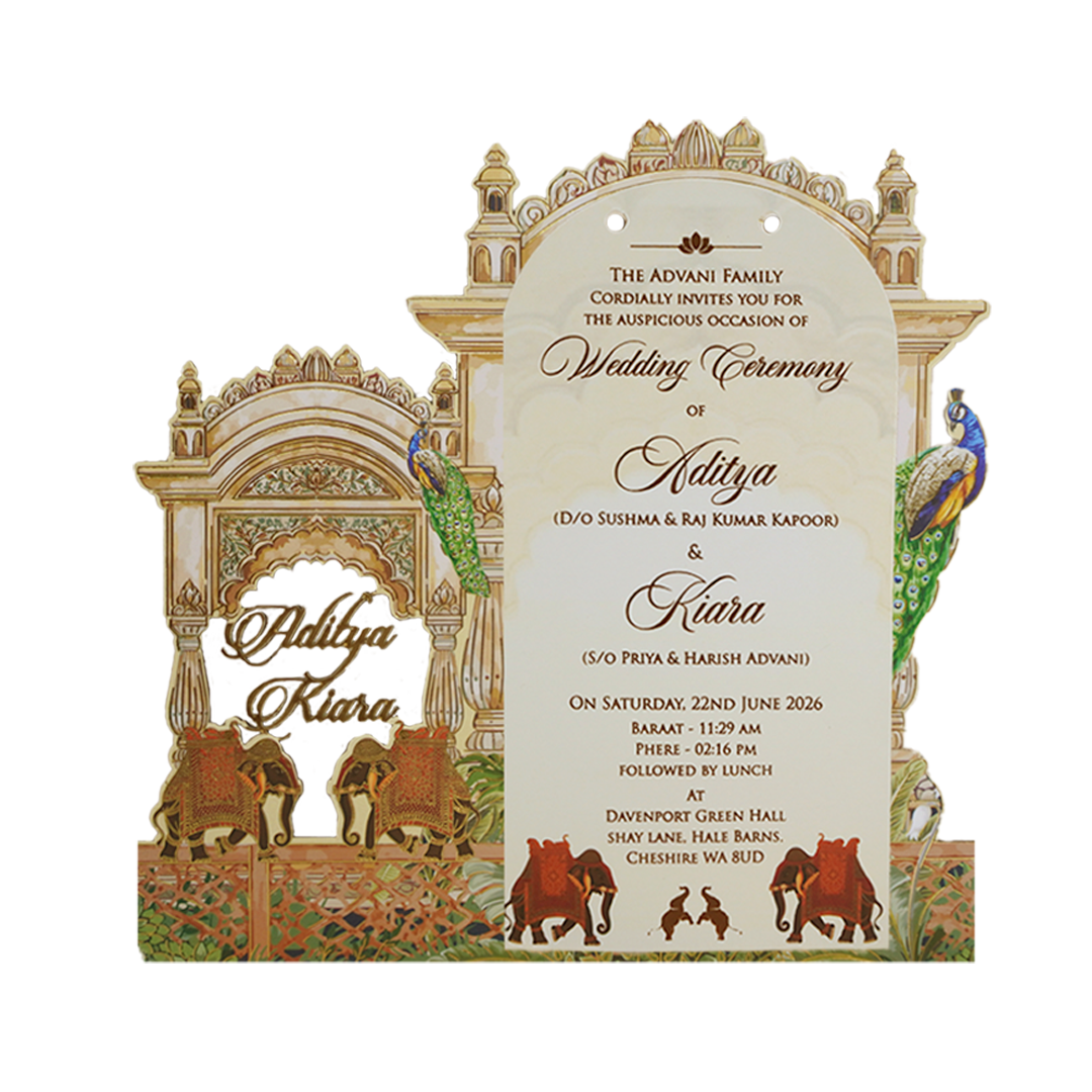 Cream Gold Palace Elephant Wedding Card - KFR15030