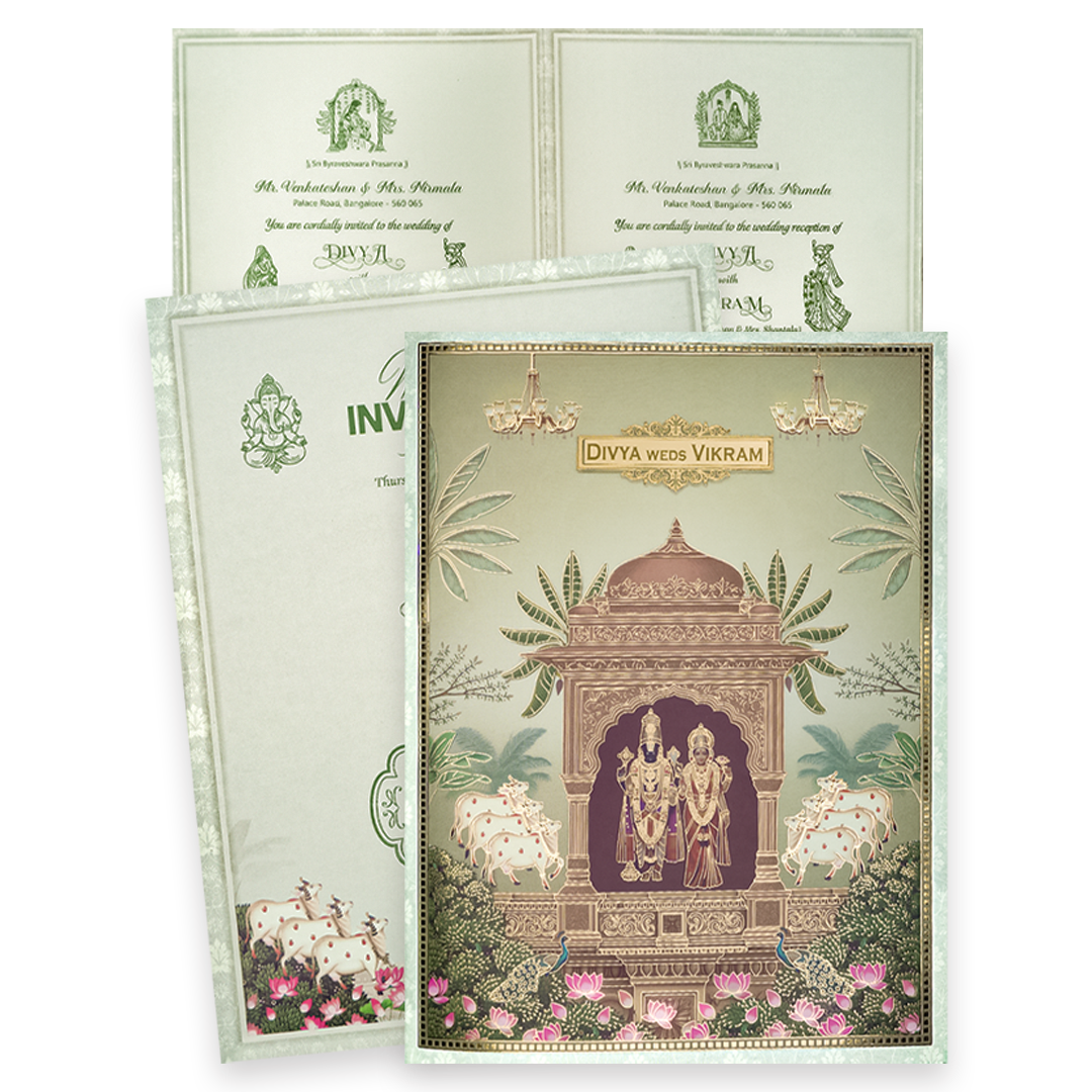 Green Floral Lord Balaji Padmavathi Wedding Card-KNKJ1158