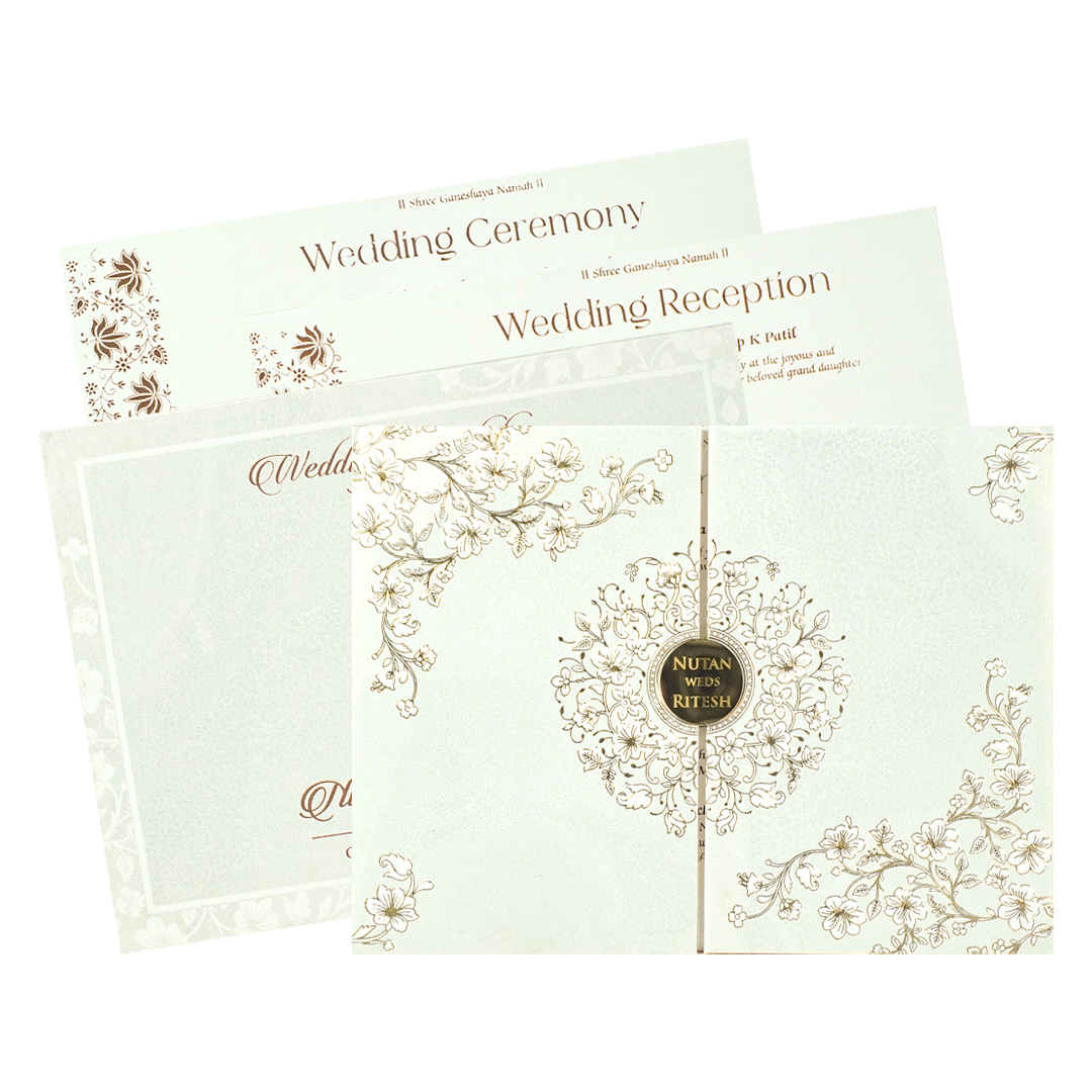 White Floral Embossed Wedding Card-KRE28590
