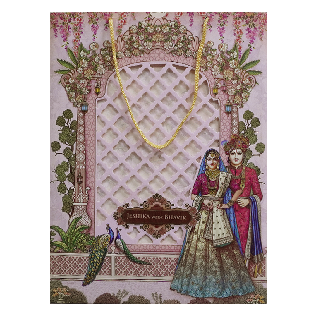 Royal Pink Couple Peacock Bag Wedding Card - KSH73180