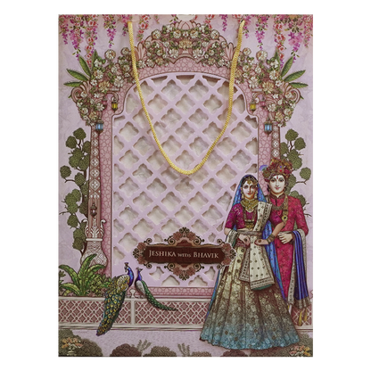 Royal Pink Couple Peacock Bag Wedding Card - KSH73180