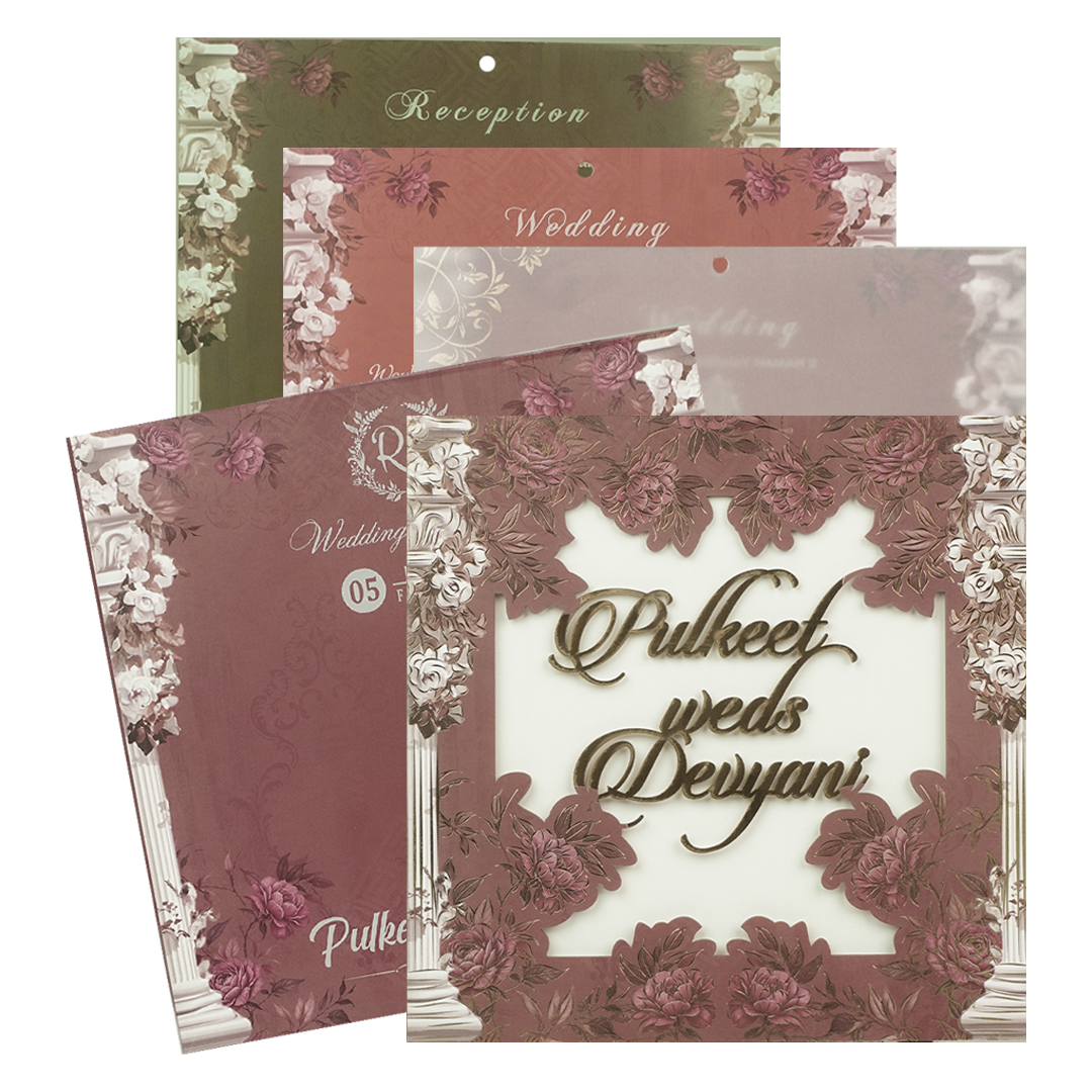 Check out Maroon Floral Cutout Wedding Card at best price.✅WhatsApp Support ✅Express Delivery.|King of cards.