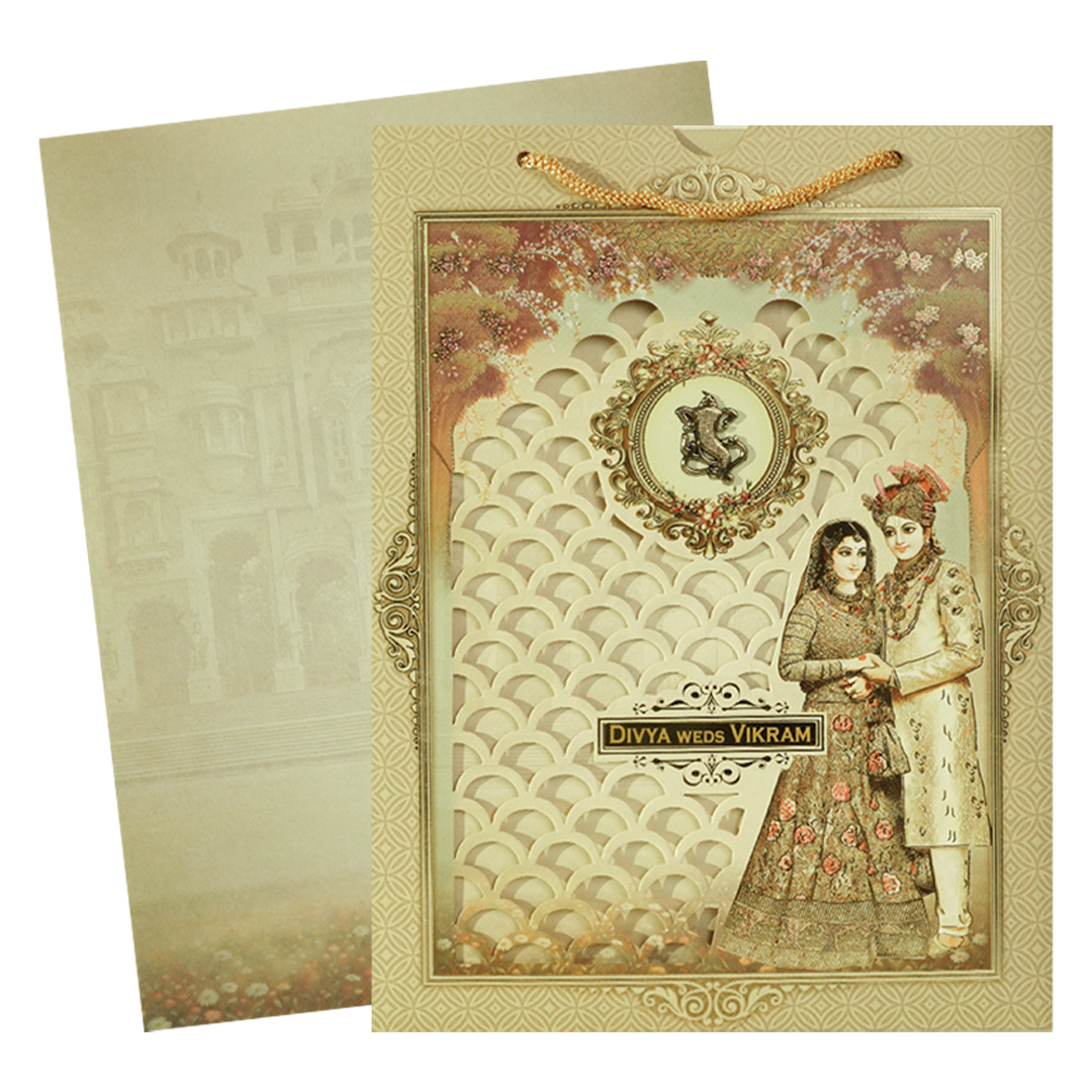 Gold Laser-Cut Floral Bride and Groom Wedding Card - KNAS3104