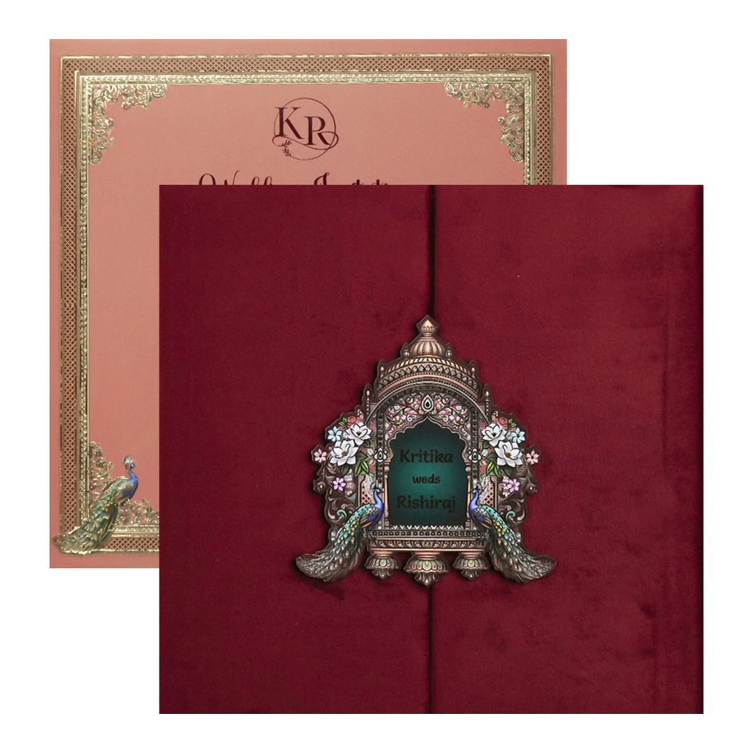 Maroon Peacock Padded Wedding Card-KSI64230