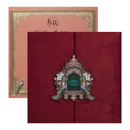Maroon Peacock Padded Wedding Card-KSI64230