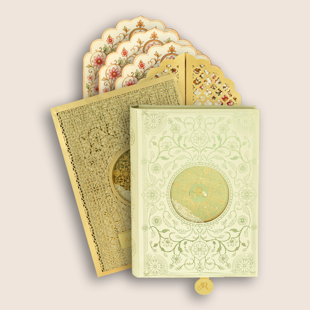 Cream MDF Floral Book Style Luxury Wedding Invitation - KNLW202574