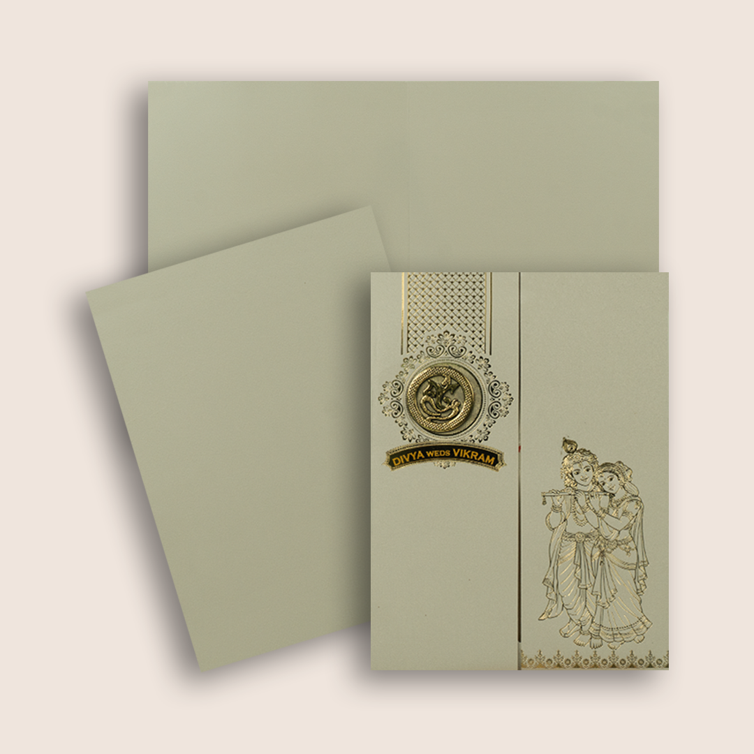Light Grey Lord Radha Krishna Door Style Wedding Card - KNRR8709LG