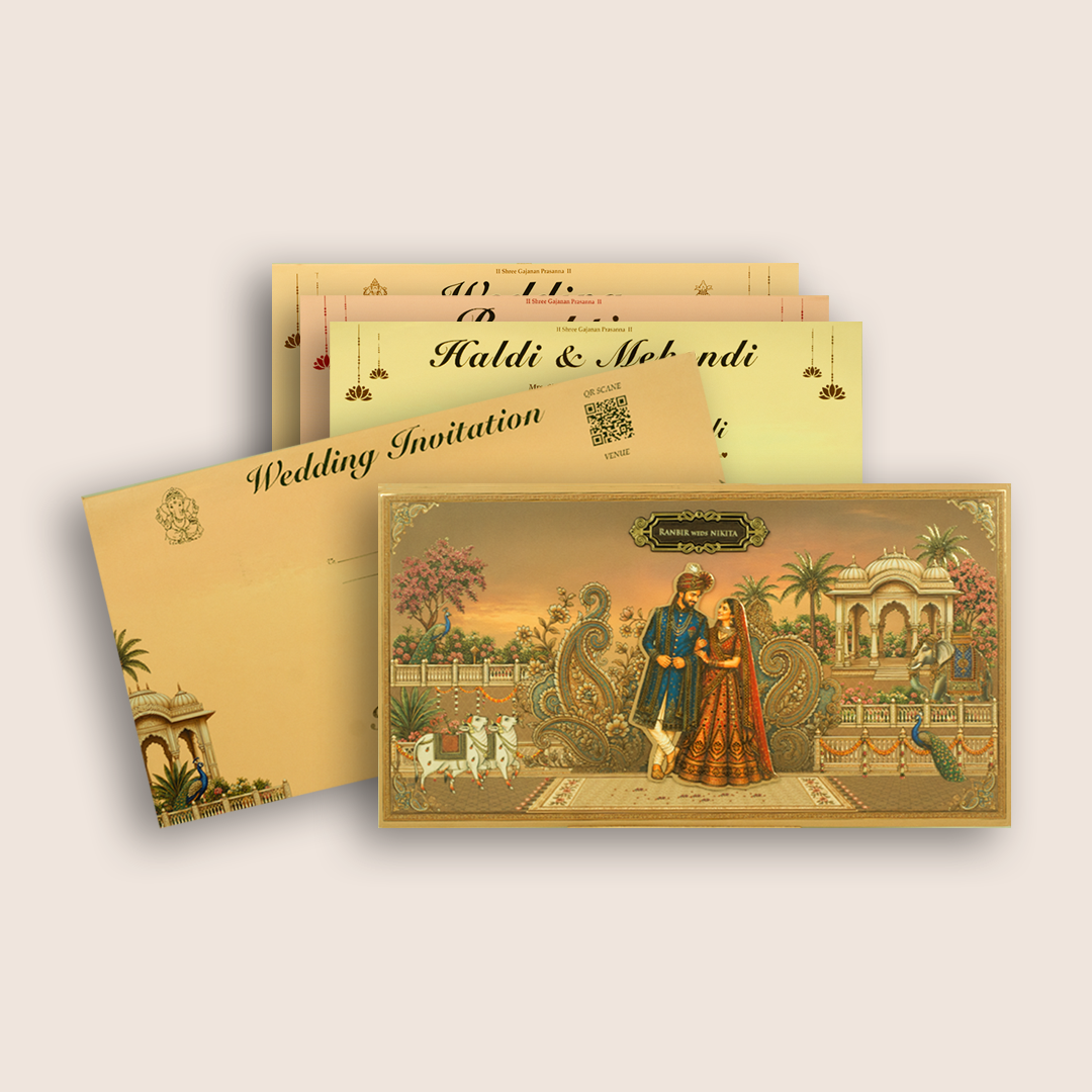 Beige Bride Groom Padded Wedding Invitation Card - KSH27100