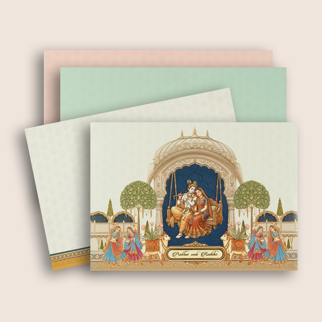 White Lord Radha Krishna Padded invitation card - KAA06160