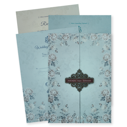 Check out Pastel Blue Floral Padded Wedding Card at best price.✅WhatsApp Support ✅Express Delivery.|King of cards.