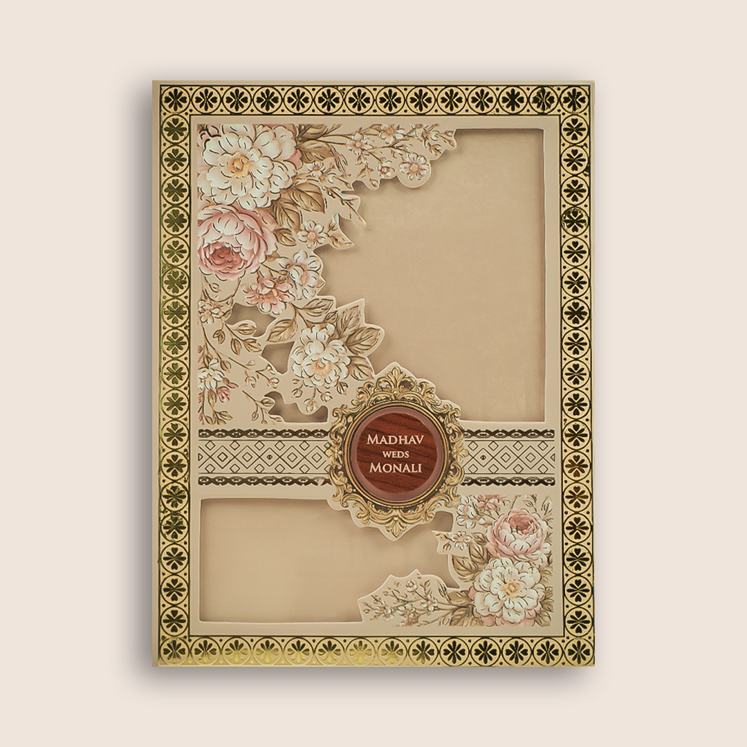 Cream Floral Laser Cut Padded Wedding Card - KJTS3701