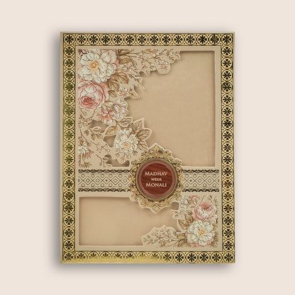 Cream Floral Laser Cut Padded Wedding Card - KJTS3701