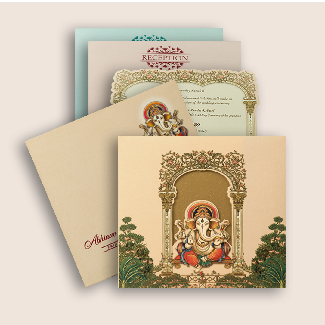 Light Peach Ganesha Padded Wedding Card - KPR026010