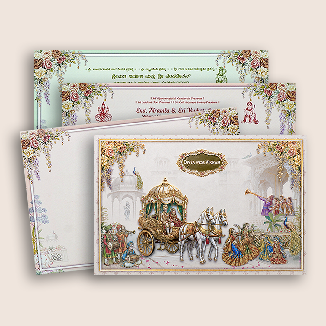 Cream Royal Horse Baraat Wedding Card - KNKT1901C