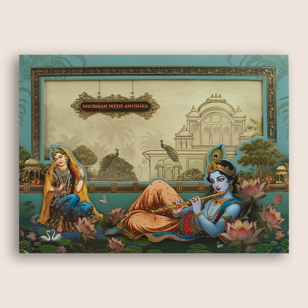 Blue Lord Radha Krishna Laser Cut Padded Wedding Card - KRB10570