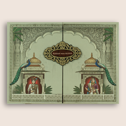 Pale Green Bride Groom Door Style Padded Wedding Card - KFR17360