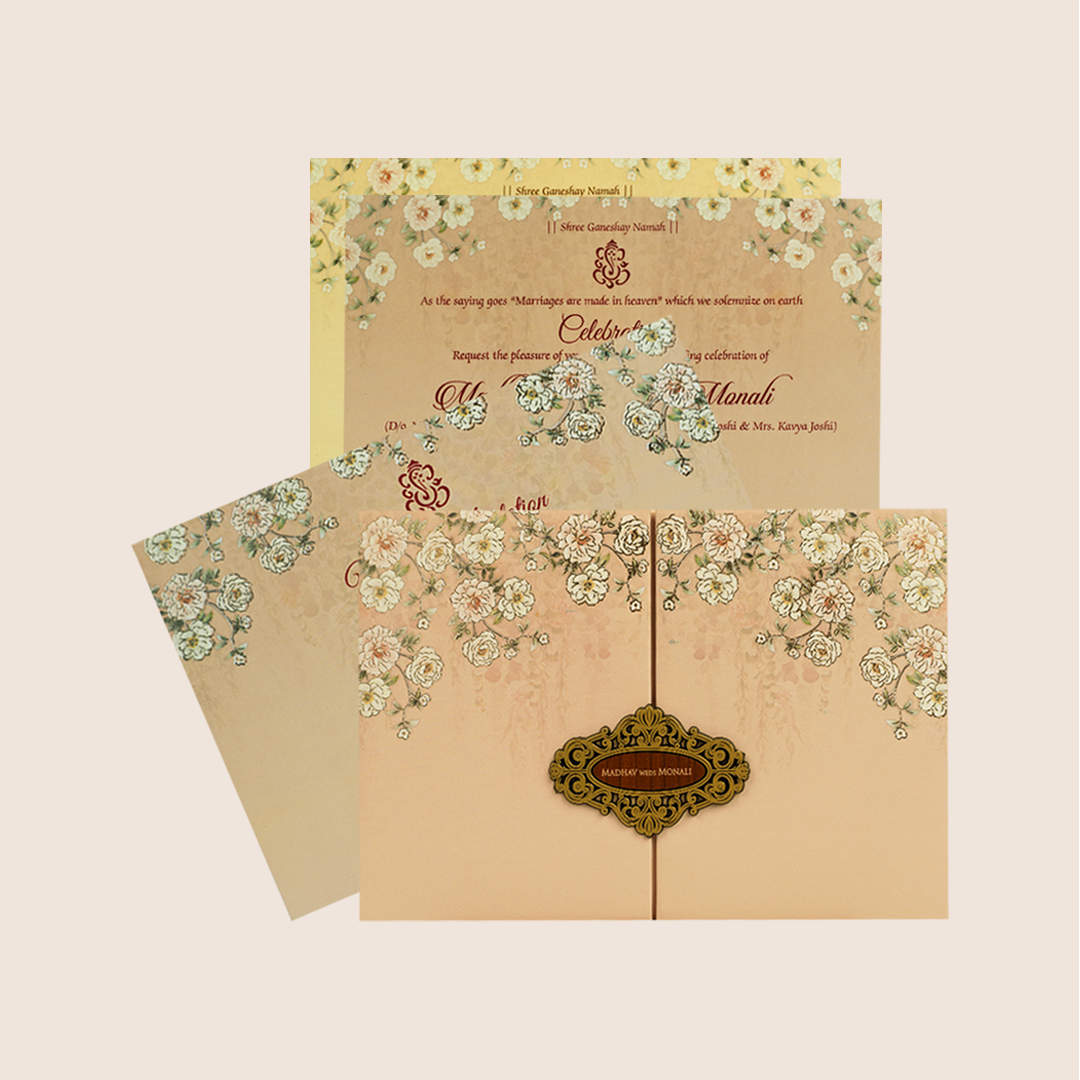 Peach Floral Door Style Padded Wedding Card - KJTS3673