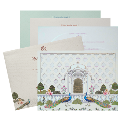 Cream Peacock Laser Cut Wedding Card-KJTS3682