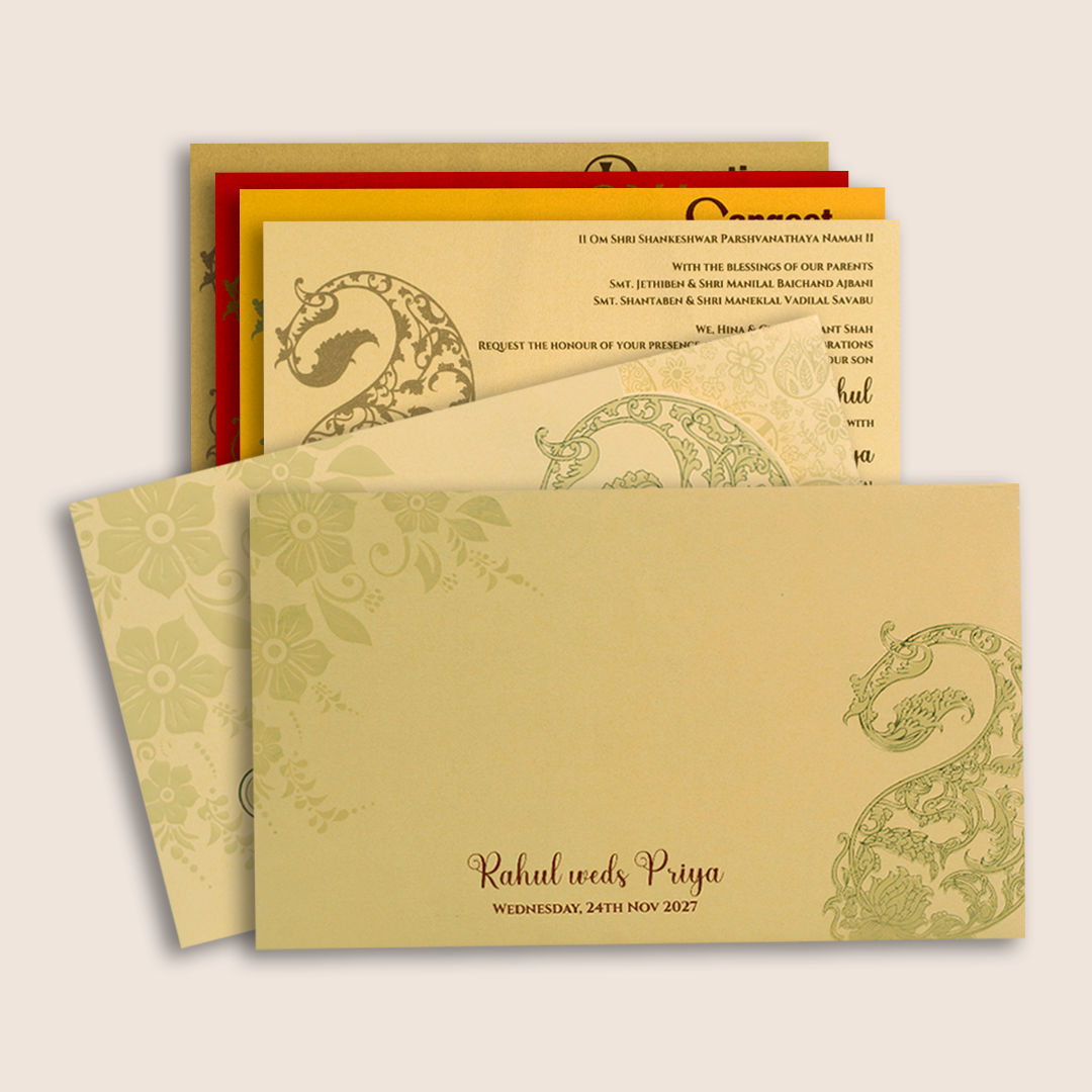 Pale Yellow Embossed Paisley Wedding Invitation Card -KPR06380