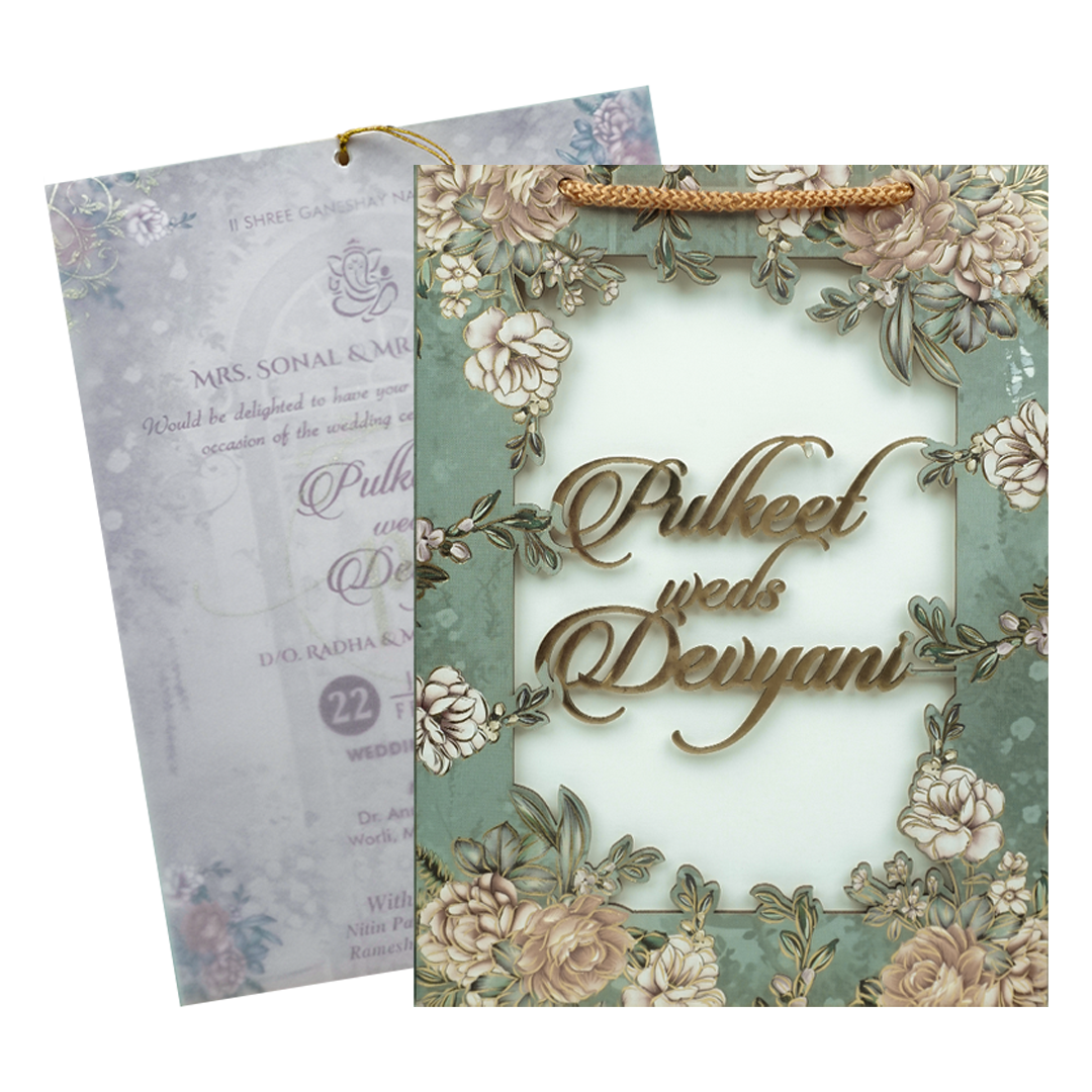 Check out Green Floral Bag Wedding Card at best price.WhatsApp Support |Express Delivery.|King of cards.