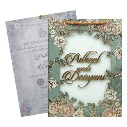 Check out Green Floral Bag Wedding Card at best price.WhatsApp Support |Express Delivery.|King of cards.