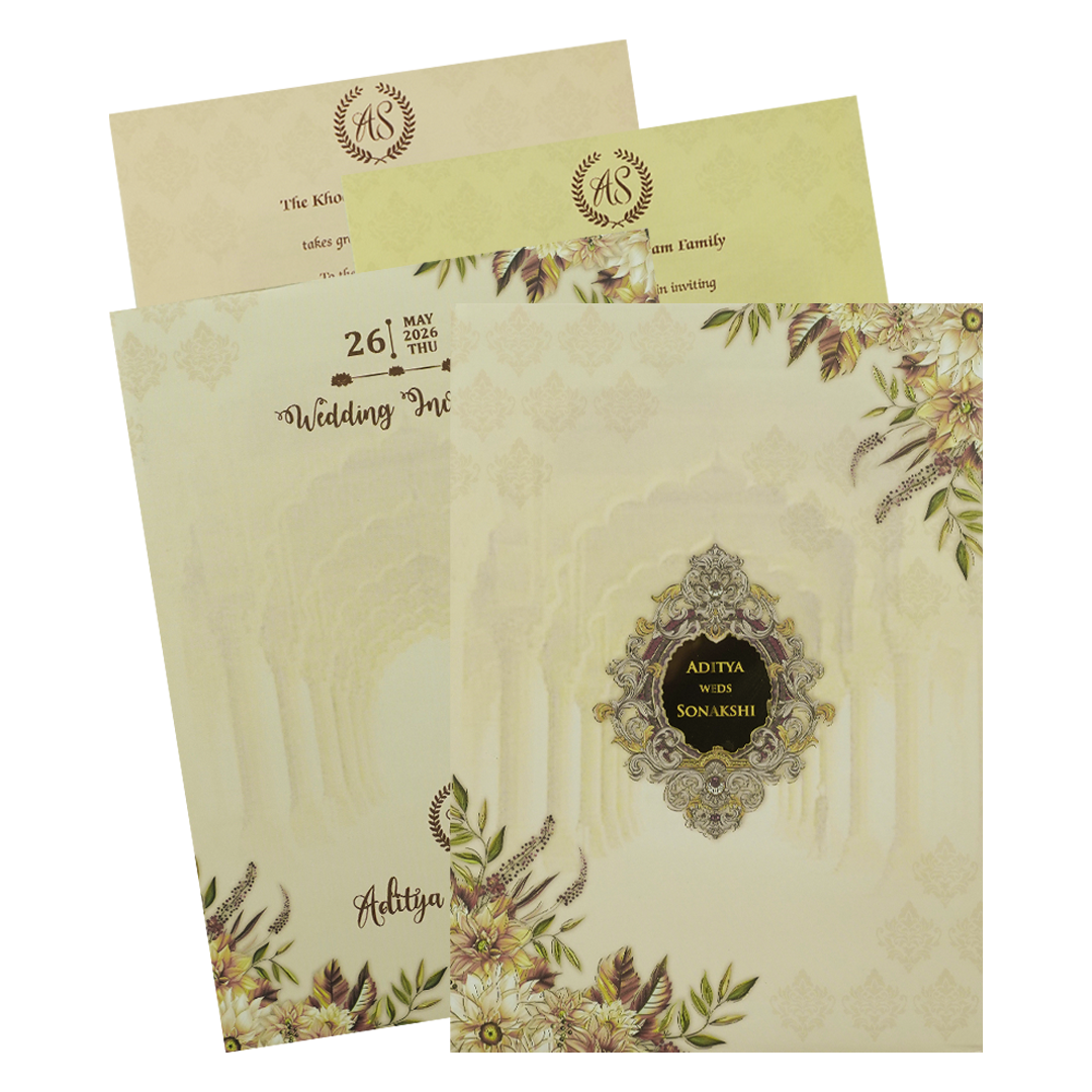 Cream Floral Palace Arch Padded Wedding Card-KRE26540