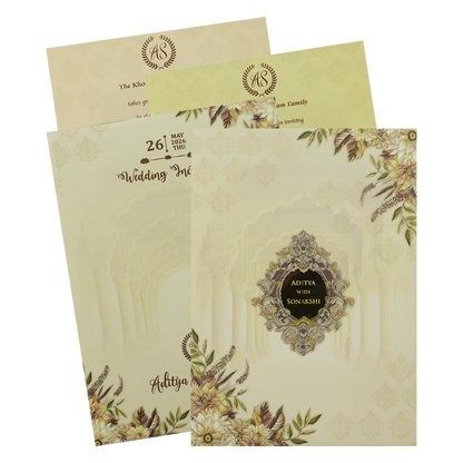 Cream Floral Palace Arch Padded Wedding Card-KRE26540