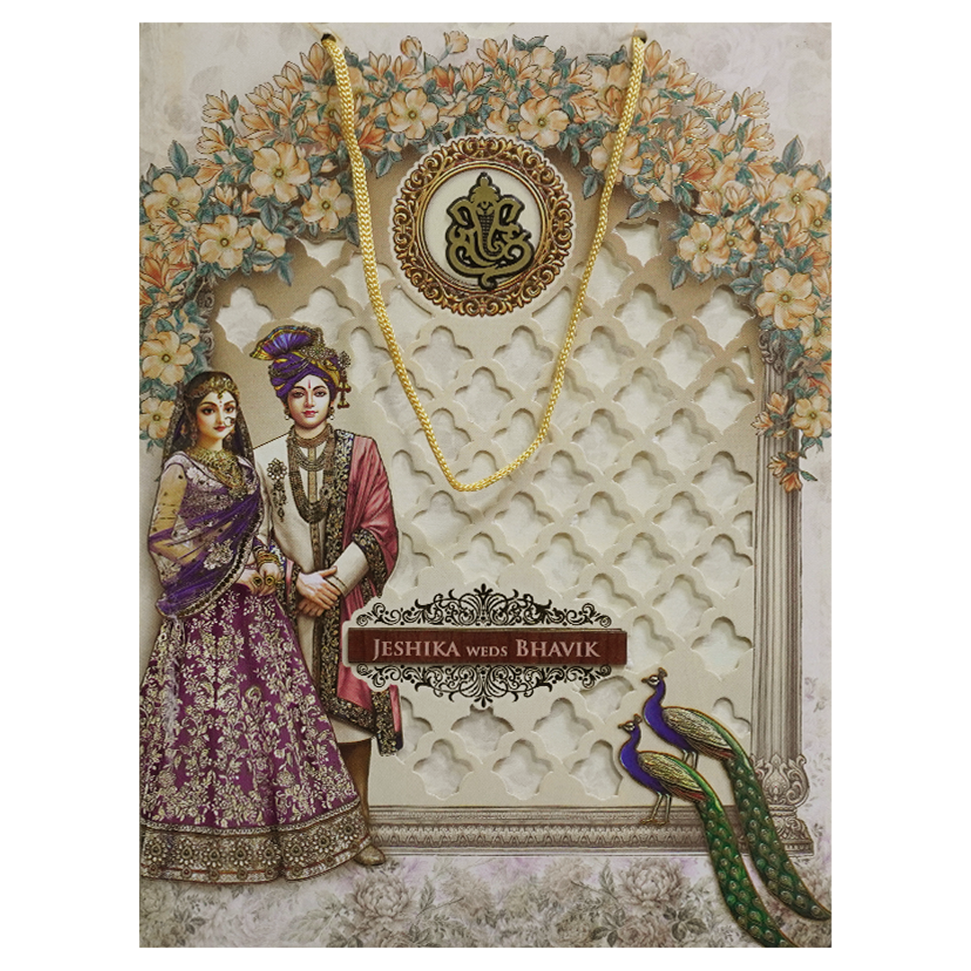 Cream Floral Laser Cut Royal Couple Wedding Card - KSH73190