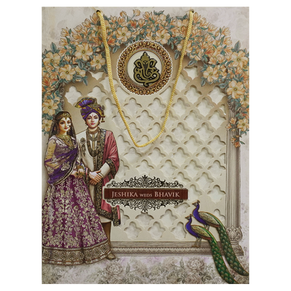 Cream Floral Laser Cut Royal Couple Wedding Card - KSH73190