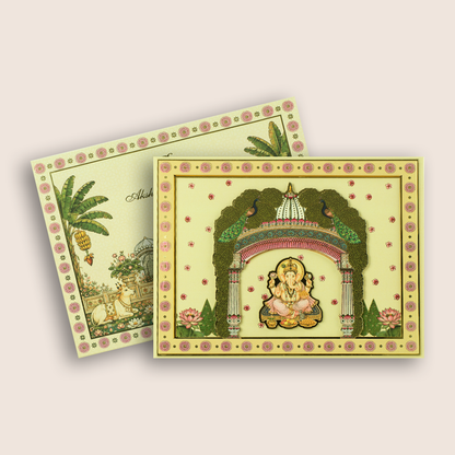 Cream Laser Cut Floral Lord Ganesha Padded Wedding Invitation - KNLW202581