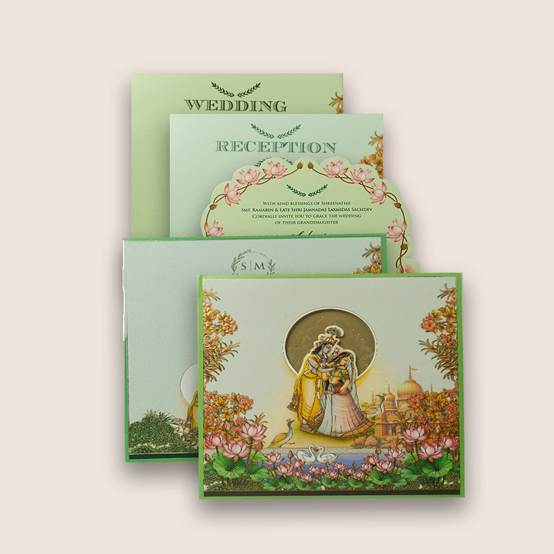 Light Blue Radha Krishna Padded Invitation Card - KPR026020