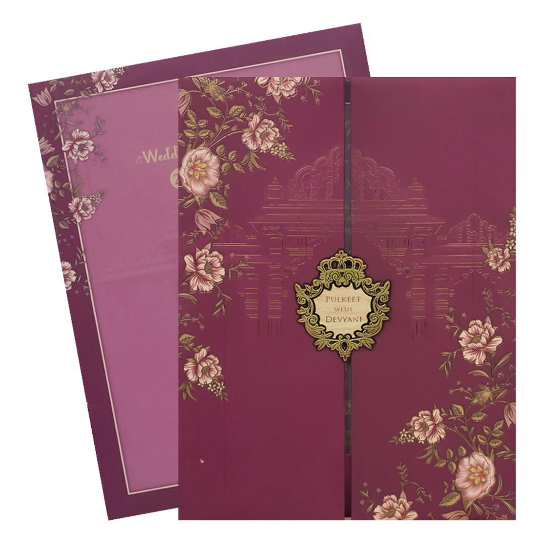 Pink Floral Palace Padded Wedding Card-KJTS1734