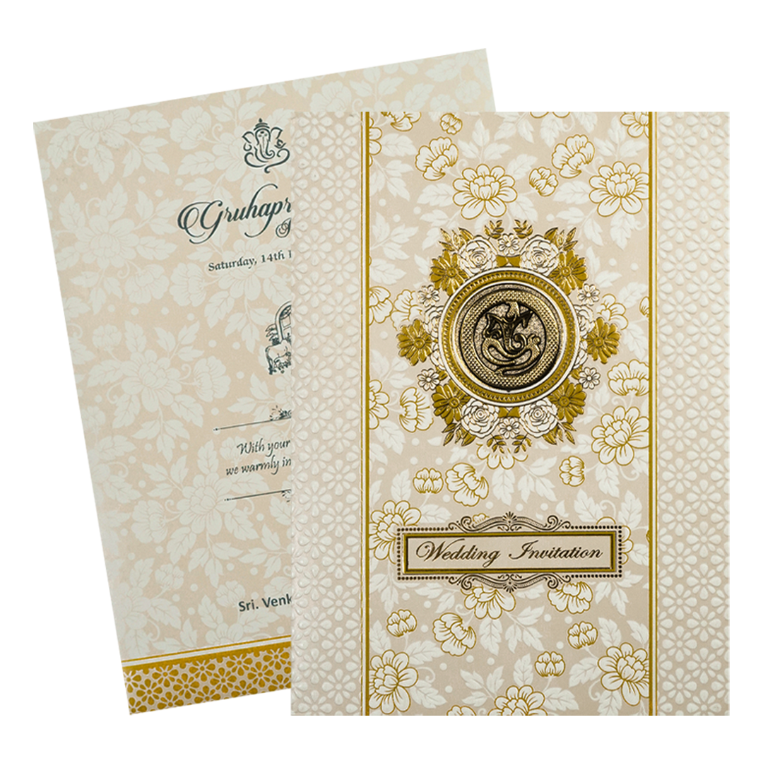 Cream Gold Floral Ganesha Wedding Card-KNK7060W
